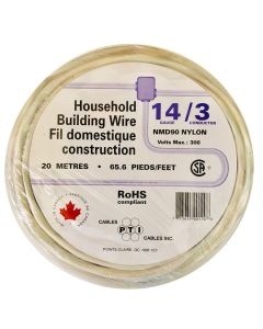 Fil domestique construction, 14/3 NMD90, 15 A, blanc, 20 m