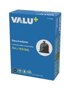 Sacs à déchet solides VALU+ en plastique noir 74 litres, 40 par boîte