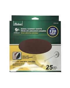 9" Round Sandpaper 120 Grit 25/Pack Hook & Loop