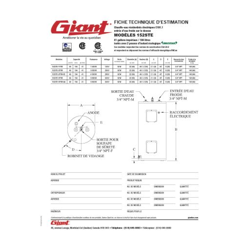 Standard Electric Water Heater - 40 Gallons 49.5" x 22" top water entry