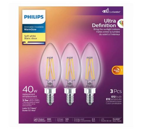 Ampoules DEL E12 WarmGlow Ultra Definition à filament, 40W, blanc doux, 3/pqt