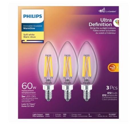 Ampoules DEL E12 WarmGlow Ultra Definition candélabre, 60W, blanc doux, 3/pqt