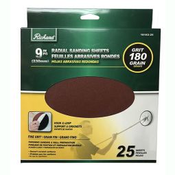 9" Round Sandpaper 180 Grit 25/Pack Hook & Loop